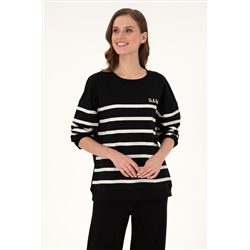 Kadın Siyah Çizgili Bisiklet Yaka Sweatshirt