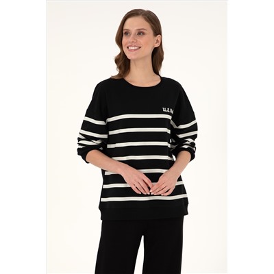 Kadın Siyah Çizgili Bisiklet Yaka Sweatshirt