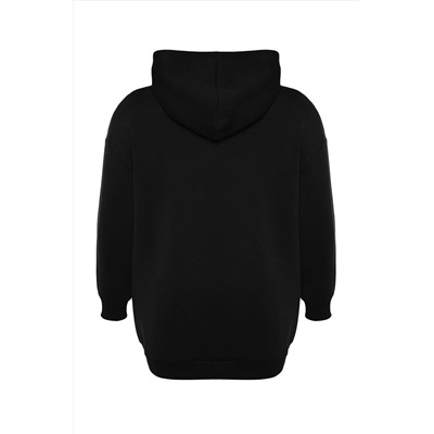 Siyah Kapüşonlu Slogan Detaylı İçi Polar Kalın Örme Sweatshirt TBBAW24AO00018