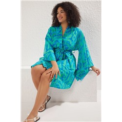 Mavi Soyut Desenli Kuşaklı Mini Dokuma Büyük Beden Kimono&Kaftan TBBSS25DE00004