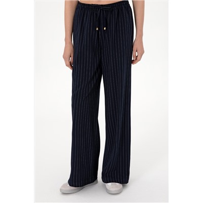 Kadın Lacivert Çizgili Loose Relax Fit Kanvas Pantolon