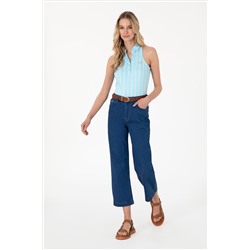 Kadın Mavi Loose Cropped Fit Jean Pantolon