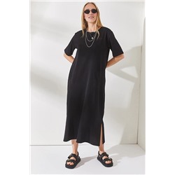OlalookKadın Siyah Yanı Yırtmaçlı Oversize Pamuk Elbise ELB-19001880