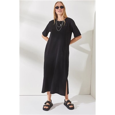 OlalookKadın Siyah Yanı Yırtmaçlı Oversize Pamuk Elbise ELB-19001880