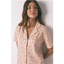 Pijama camisero 100% algodón flores naranja