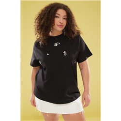 Siyah Bisiklet Yaka Çiçek İşlemeli Örme Büyük Beden T-shirt TBBSS25BF00024