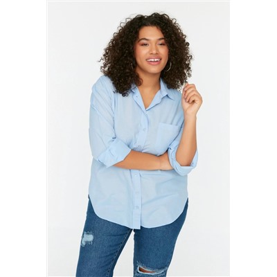 Mavi Loose Fit Pamuklu Uzun Kol Büyük Beden Dokuma Gömlek TBBSS22GO0323