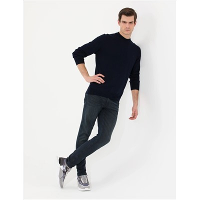 Lacivert Slim Fit Yarım Balıkçı Yaka Basic Triko Kazak