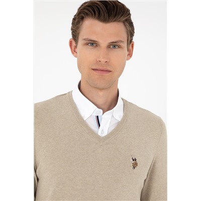 Erkek Slim Fit V Yaka Haki Melanj Basic Kazak