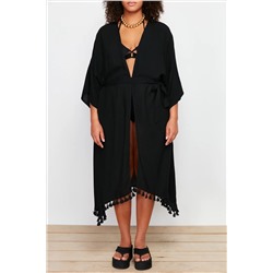 Siyah Etek Ucu Püsküllü Viskon Plaj Giyim Dokuma Büyük Beden Kimono&Kaftan TBBSS24DE00002