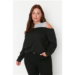 Trendyol Curve Siyah Bisiklet Yaka Omuz Detaylı Örme İnce Sweatshirt TBBAW23AO00020