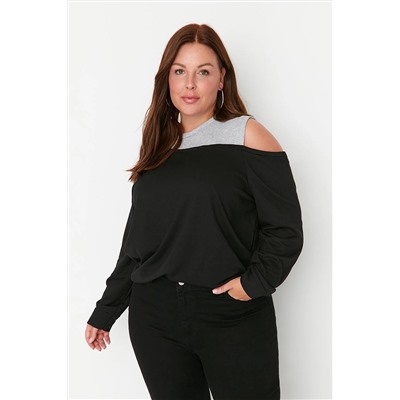 Trendyol Curve Siyah Bisiklet Yaka Omuz Detaylı Örme İnce Sweatshirt TBBAW23AO00020