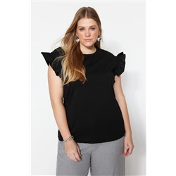 Siyah Bisiklet Yaka Kolları Fırfırlı %100 Pamuk Örme T-Shirt TBBSS23BF00006