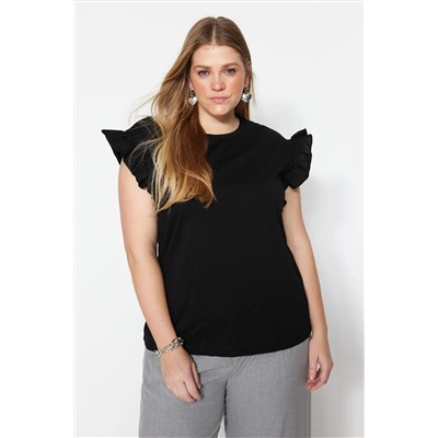 Siyah Bisiklet Yaka Kolları Fırfırlı %100 Pamuk Örme T-Shirt TBBSS23BF00006