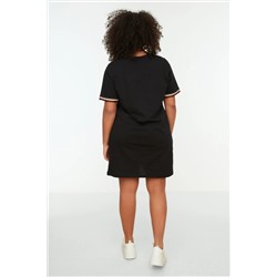 Siyah Bisiklet Yaka %100 Pamuk Kolları Biye Detaylı Örme Büyük Beden T-shirt Elbise TBBSS22EL1591