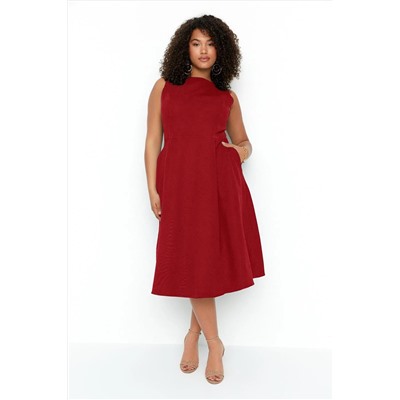 Bordo  A-Line Dokuma Cep Detaylı Elbise TBBSS22EL1598