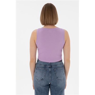 Kadın Lila Kolsuz Bisiklet Yaka Crop Basic Tişört