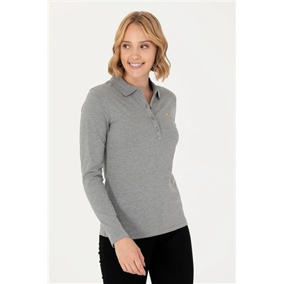 Kadın Gri Melanj Basic Polo Yaka Sweatshirt