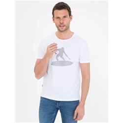 Beyaz Slim Fit Baskılı Bisiklet Yaka Tişört