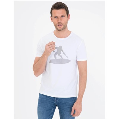Beyaz Slim Fit Baskılı Bisiklet Yaka Tişört