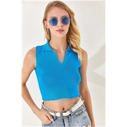 Olalook, Kadın Mavi Polo Yaka Kolsuz Crop Triko Bluz BLZ-19002281