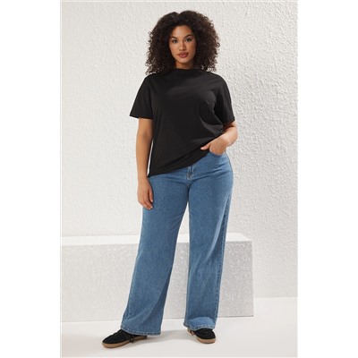 Siyah Regular Fit Sırtı Bağlama/Fiyonk Detaylı Örme Büyük Beden T-shirt TBBSS25BF00000