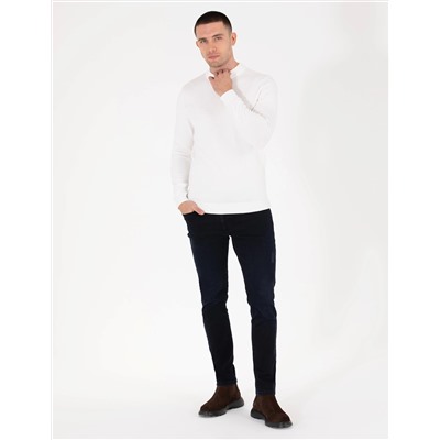 Ekru Slim Fit Çeyrek Yaka Basic Triko Kazak