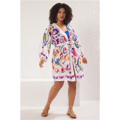 Çok Renkli Çiçek Desenli Kuşaklı Mini Dokuma Balon Kollu %100 Pamuklu Kimono&Kaftan TBBSS25DE00001