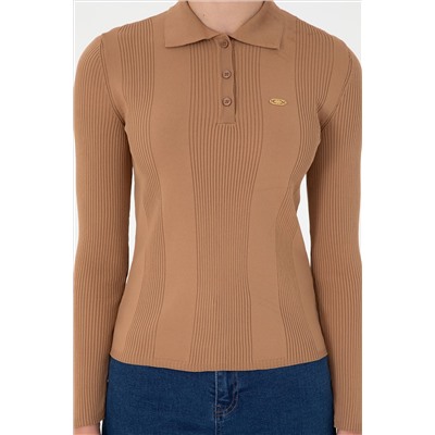 Kadın Camel Polo Yaka Kazak
