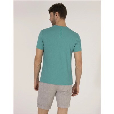 Yeşil Slim Fit Jakarlı Bisiklet Yaka Tişört