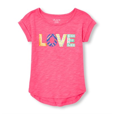 Girls Short Rolled Sleeve Embellished Graphic Hi-Low Top