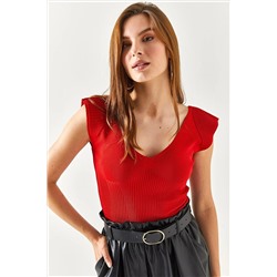 Olalook Kadın Kırmızı Omuzu Vatka Efektli Crop Triko Bluz BLZ-19002347