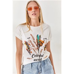 Olalook, Kadın Ekru Tüylü Baskılı T-shirt TSH-19000125