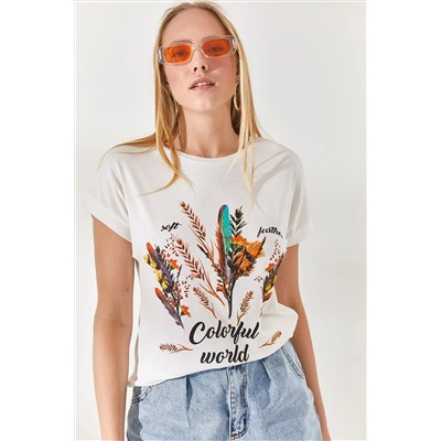 Olalook, Kadın Ekru Tüylü Baskılı T-shirt TSH-19000125