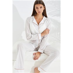 Siyah İnci beyaz İnce Örme Düğmeli Biyeli Pijama Takımı 7314