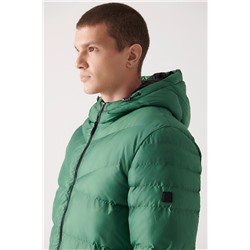 Yeşil Su İtici Rüzgar Geçirmez Kapitone Kapüşonlu Comfort Fit Rahat Kesim Şişme Mont