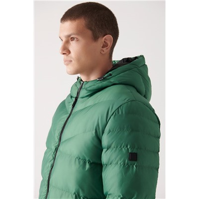 Yeşil Su İtici Rüzgar Geçirmez Kapitone Kapüşonlu Comfort Fit Rahat Kesim Şişme Mont