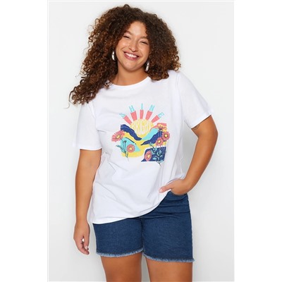 Beyaz Boyfriend Fit Bisiklet Yaka Baskılı %100 Pamuk Örme Büyük Beden T-Shirt TBBSS22TS1944