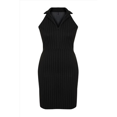 Siyah Polo Yaka Çizgili Mini %100 Pamuk Örme Büyük Beden Elbise TBBSS24AH00006