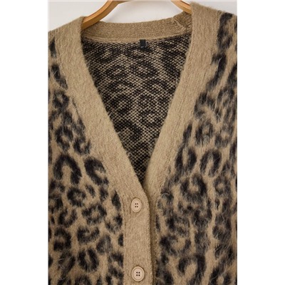 Camel Leopar Desenli Yumuşak Tuşeli Relax Fitt Triko Hırka TBBAW26AV00001