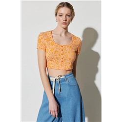 Wrangler Regular Fit Normal Kesim Bisiklet Yaka Turuncu Crop Bluz W231674