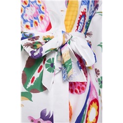 Çok Renkli Çiçek Desenli Kuşaklı Mini Dokuma Balon Kollu %100 Pamuklu Kimono&Kaftan TBBSS25DE00001