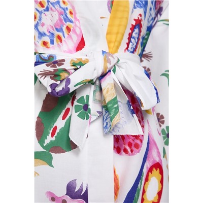 Çok Renkli Çiçek Desenli Kuşaklı Mini Dokuma Balon Kollu %100 Pamuklu Kimono&Kaftan TBBSS25DE00001