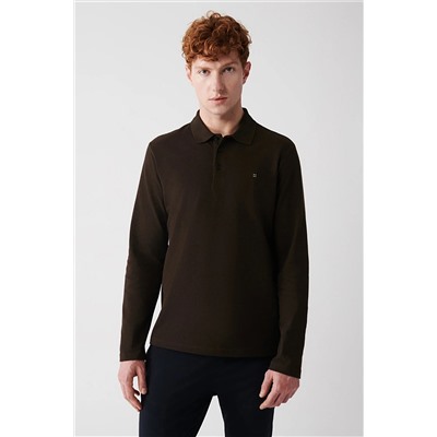 Avva Erkek Kahverengi 3 Düğmeli Polo Yaka %100 Pamuk Standart Fit Normal Kesim Sweatshirt E001003