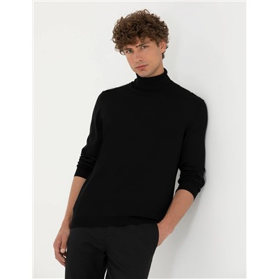 Siyah Slim Fit Balıkçı Yaka Basic Triko Kazak