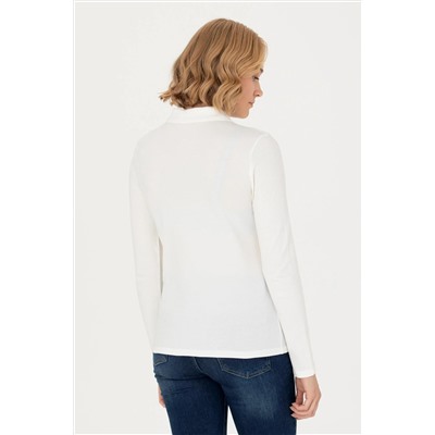 Kadın Ekru Basic Polo Yaka Sweatshirt