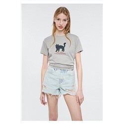 Mavi Kedi Baskılı Gri Tişört Loose Fit / Bol Rahat Kesim 1610679-70143