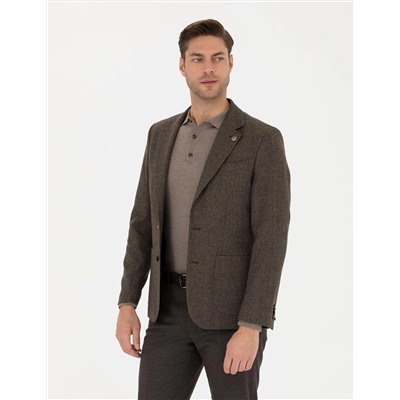 Kahverengi Yün Karışımlı Slim Fit Ceket