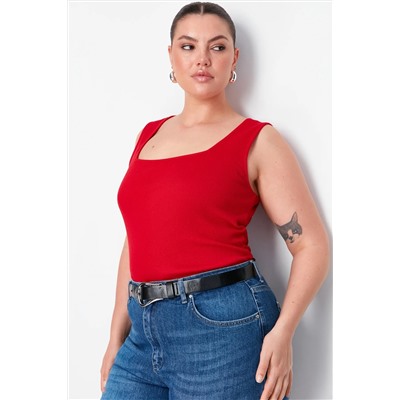 Kırmızı Basic Fitilli Kare Yaka Örme Büyük Beden Atlet TBBSS22AL0011