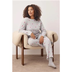 Gri Melanj Kalpli Slogan Baskılı Lastikli Örme Pijama Takımı TBBAW26AI00020